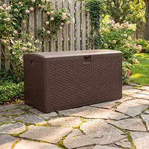 73 Gallon Outdoor Storage Box - Waterproof & UV-Resistant Resin Deck Chest - Lockable Lid - Durable, Large Capacity for Patio Cushions, Garden Tools, Pool Accessories, Deck, Toys - Black, Woven Strap Design
