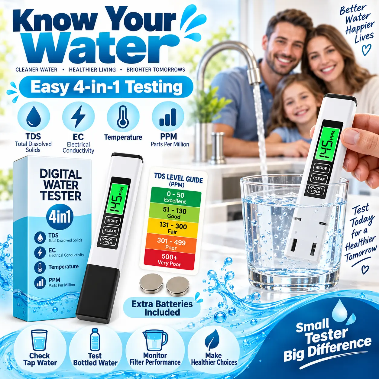 4-in-1 Digital Water Quality Tester with TDS, EC, Temperature and PPM Readings, 0-9990 PPM Measuring Range, Portable Battery-Powered Meter for Home Drinking Water, RO Systems and Swimming Pools