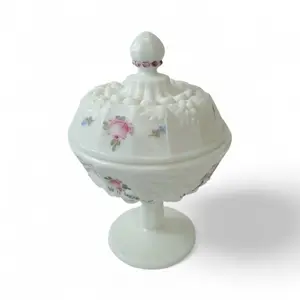 Vintage Westmoreland Milk Glass Covered Candy Dish With Lid Floral Design Pedestal Base