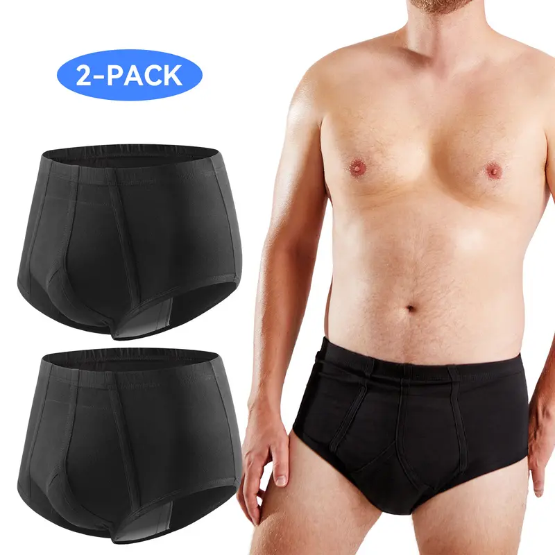 CARER Men's 2pk Plain Washable Cotton Spandex Incontinence Briefs - 180ml High-Capacity Absorption, Reusable Bladder Control Menswear Underwear, Breathable Layered Protection, Dry, High-Elastic, Moisture-Wicking Padded Design