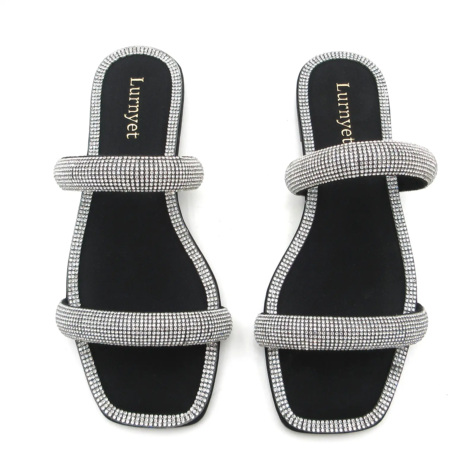 Women's Square Toe Rhinestone 2-Strap Bling Crystal Flat Slip-On Summer Outdoor Sports Slide Sandals breathable wide band cute warm slipper bottom rivet flip flop platform luxury cozy