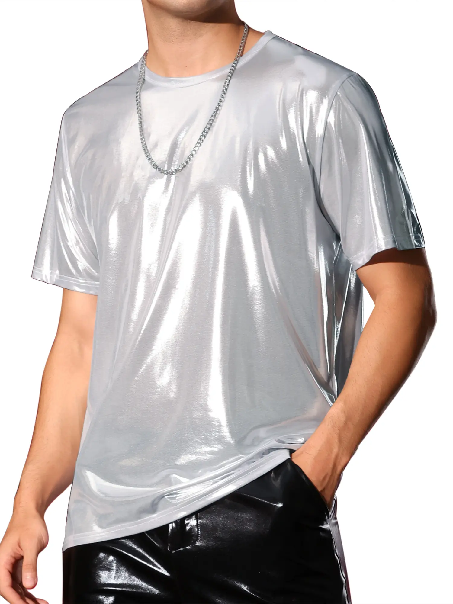 INSPIRE CHIC Dark Gray Metallic T-Shirt for Men's Crew Neck Short Sleeves Party Sparkly Shiny Tee Tops