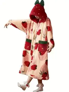 New Strawberry Women's Sleeprobe Bathrobe, Autumn Winter Coral Fleece Warm Loose Home Wear, Lazy Hooded Blanket, Christmas Gift for Girlfriend, Fruit Print Pajamas