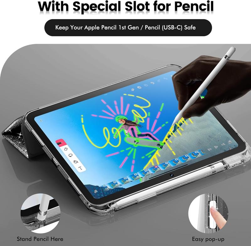 Case for iPad (a16) 11th gen &10th Generation with Pencil Holder, Cute Smart Tri-Fold Stand Slim Shiny Cover, Smooth Sparkly Glitter Crystal Clear Back Shell, Leather  pu Protective Tablet Computer Cases, Support Auto Wake protection , Black