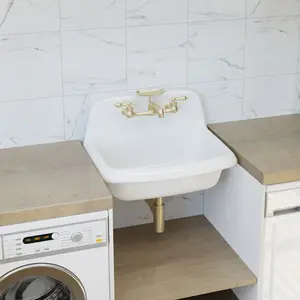 24 Inch Porcelain Wall Mount Utility Sink - 8 Inch Faucet Holes - White