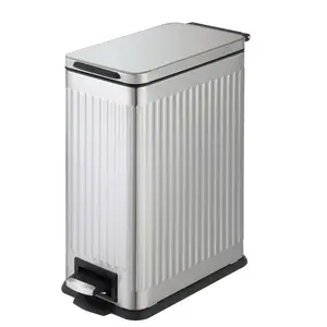 Home Zone Living 3 Gallon Slim Stainless Steel Trash Can with Reeded Pattern, Step Pedal and Soft Close Lid, Silver