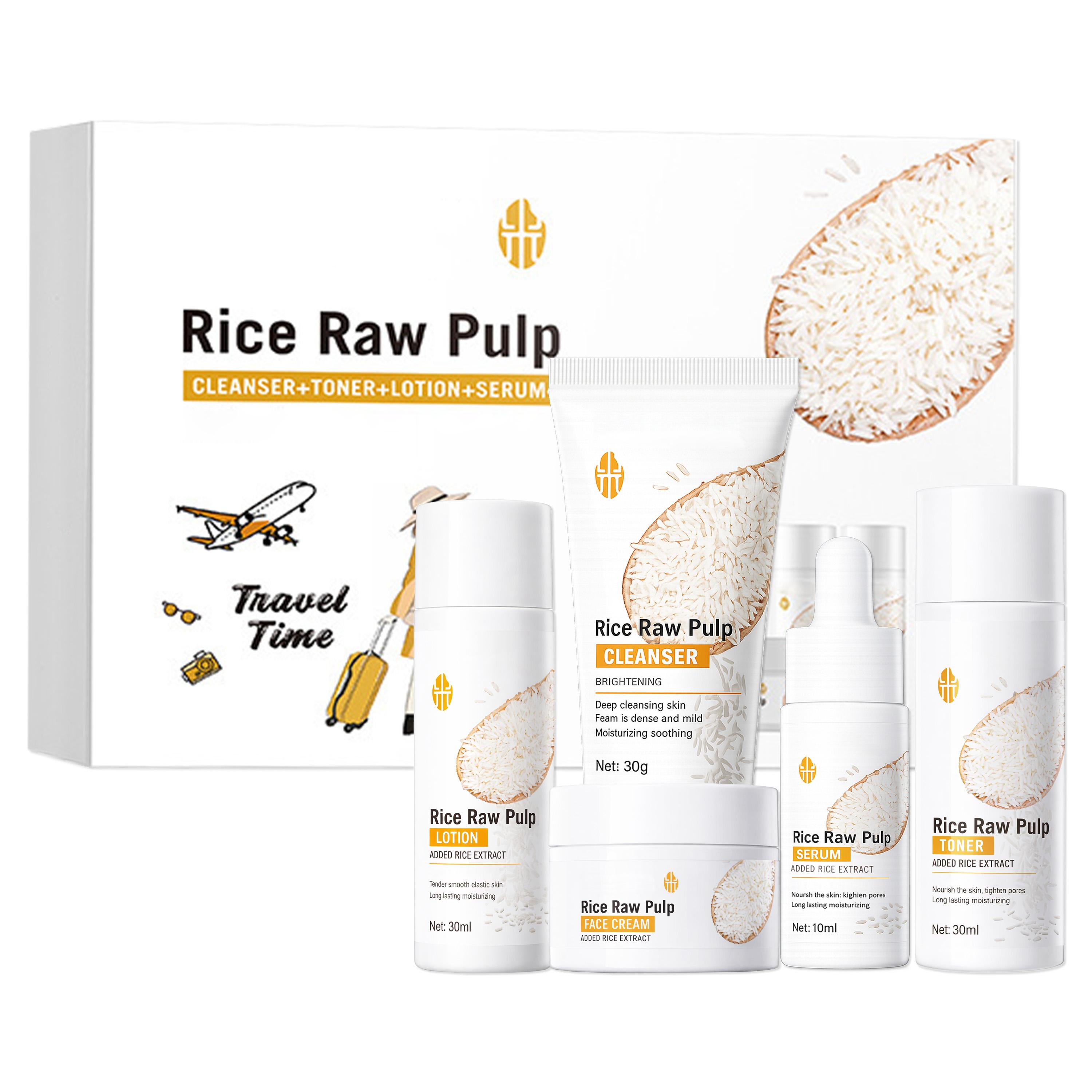 Rice Skincare Travel 5-Piece Set, Rice Extract Cleanser Toner Serum Lotion Face Cream, Daily Hydration Gentle Care Starter Set