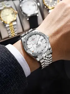 Men's Analog Quartz Watch, Stainless Steel Case, Butterfly Clasp Closure, Waterproof Luminous Calendar Feature, Ideal Gift for Him, Stainless Steel Wristwatch