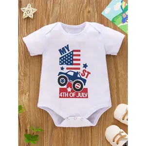 Cute Baby Bodysuit with American Flag Independence Day 4th of July Print Soft Versatile Round Neck Button Detail Regular Fit All Seasons Knitted Fabric Onesie for 0-12 Months