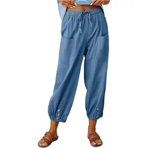 WROLEM Women's Capri Pants High Waist Drawstring Cinch Bottom with Button Cotton Loose Casual Trouser with Pockets linen