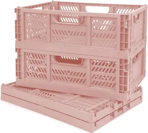 4-Pack Stackable Folding Plastic Storage Crates 16x12x6, Suitable for Storage in Office Home Kitchen Bedroom Bathroom, Pink