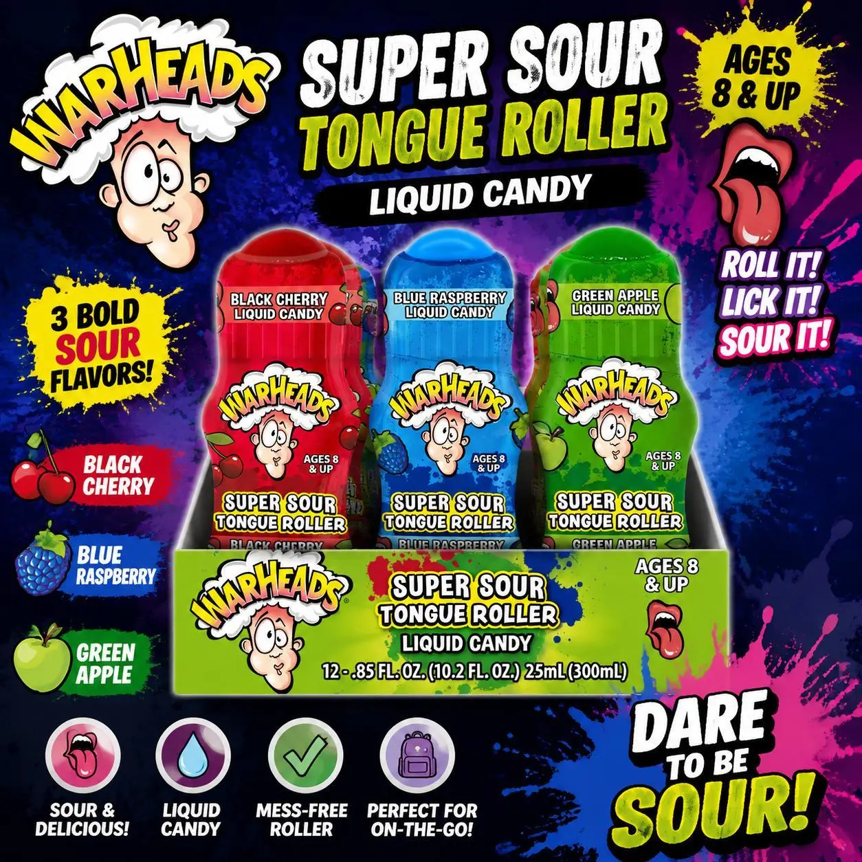 Warheads Extreme Sour Fruit Tongue Roller Candies - 12-Count Tray Pack, 12 Pieces, 0.85oz Liquid Snack - Party Treats, Candy Challenge Supplies