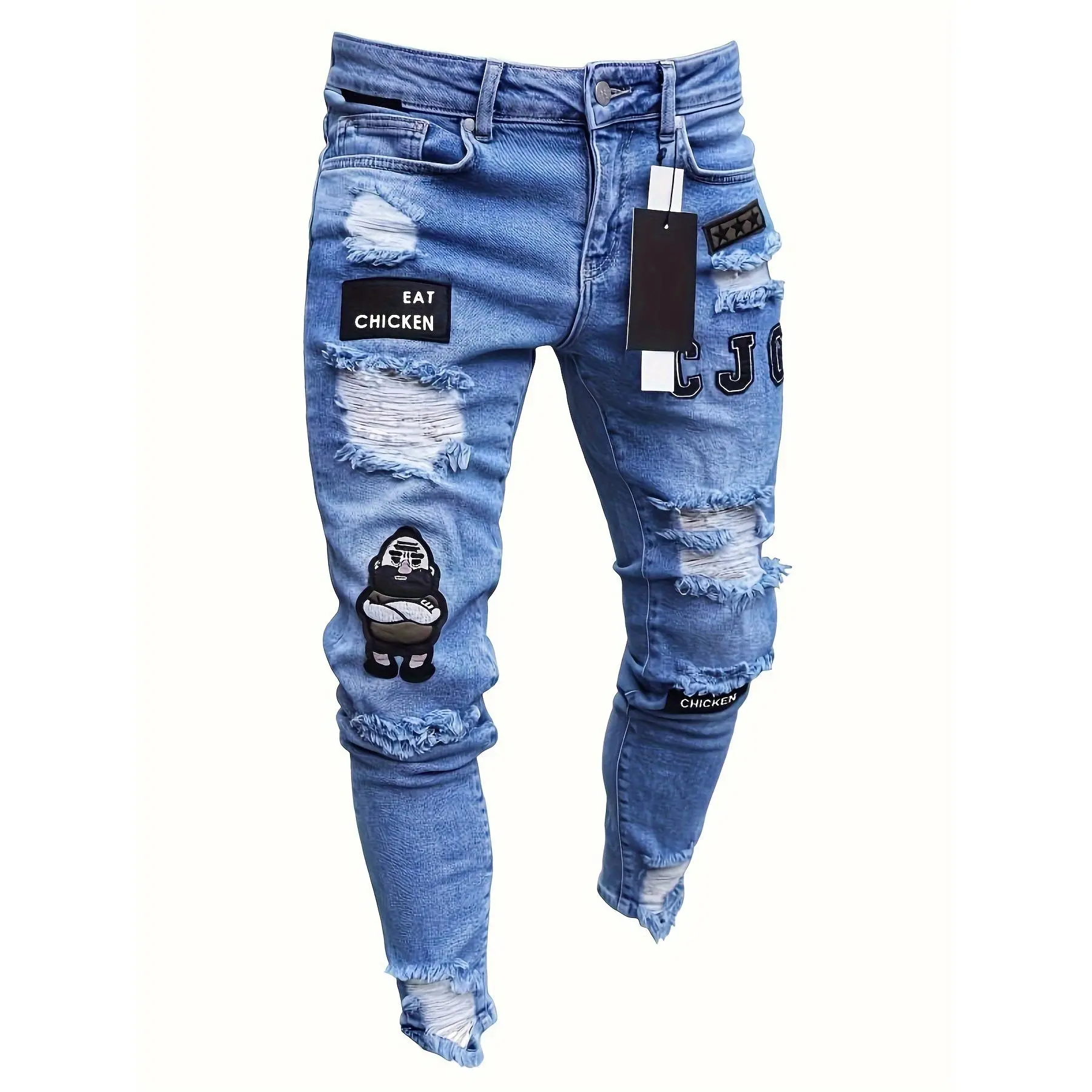 Men's Slim-Fit Casual Cartoon Embroidered Joggers - Ripped Distressed Sports Sweatpants for Youth, Casual Style Sweatpants, Elastic Waistband, Male, Slim-Fitting, Ripped Look, Full Length, Long Pants