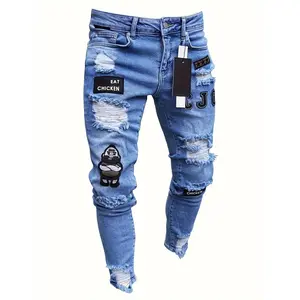 Oushen New Men's Embroidered Doll Jeans with Ripped Holes, Youth Trendy Slim Fit Long Pants