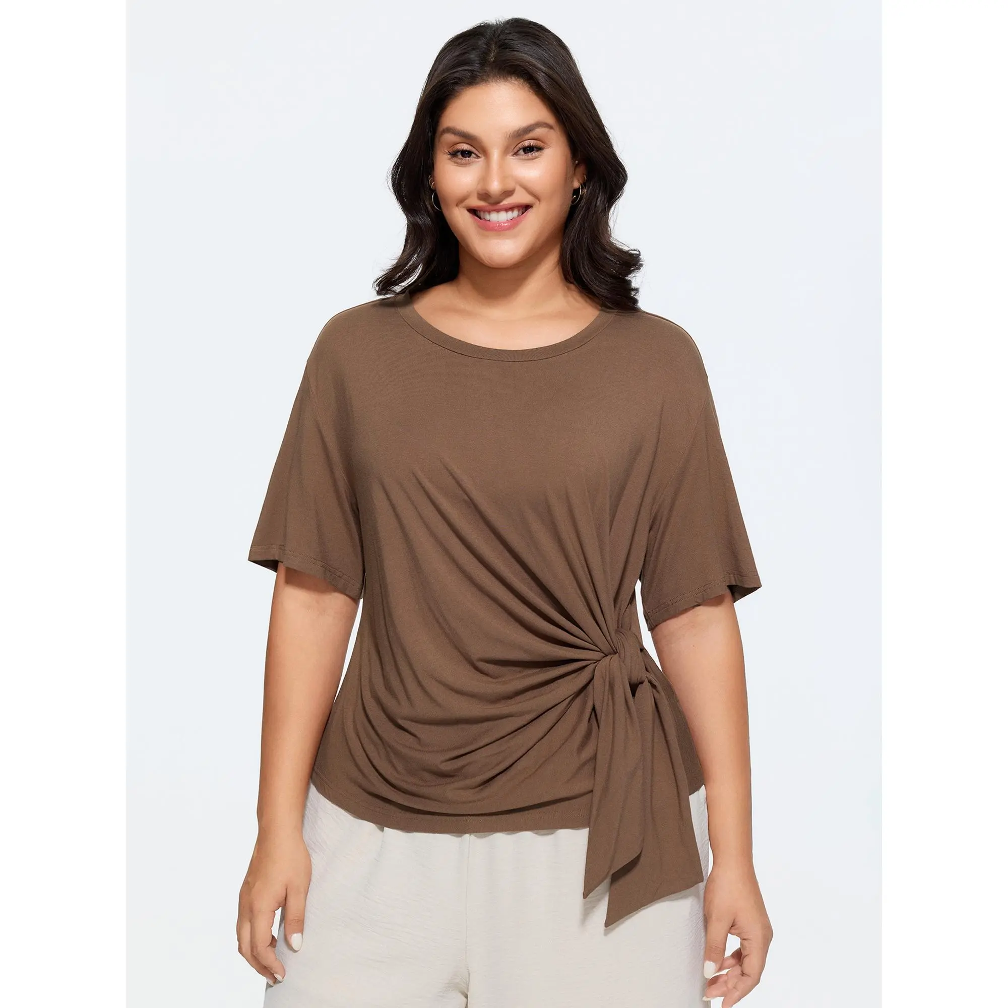 BLOOMCHIC Women's Plus Size Supersoft Side-Tie Simple Round Neck Short Sleeve T-Shirt - Spandex Fabric, Twist Detail, Fits M-6X, Everyday Summer Top, Tshirt, Casual, Plain, Shortsleeve, Minimalist, Rayon Blend