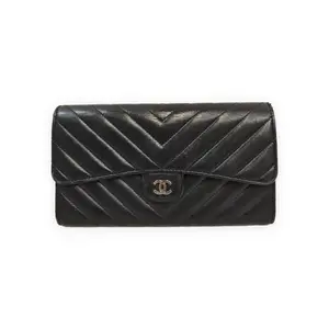 Pre-owned CHANEL Lambskin leather Shoulder Bags chevron Calfskin Quilted Large Gusset Flap Wallet Black S014260409094