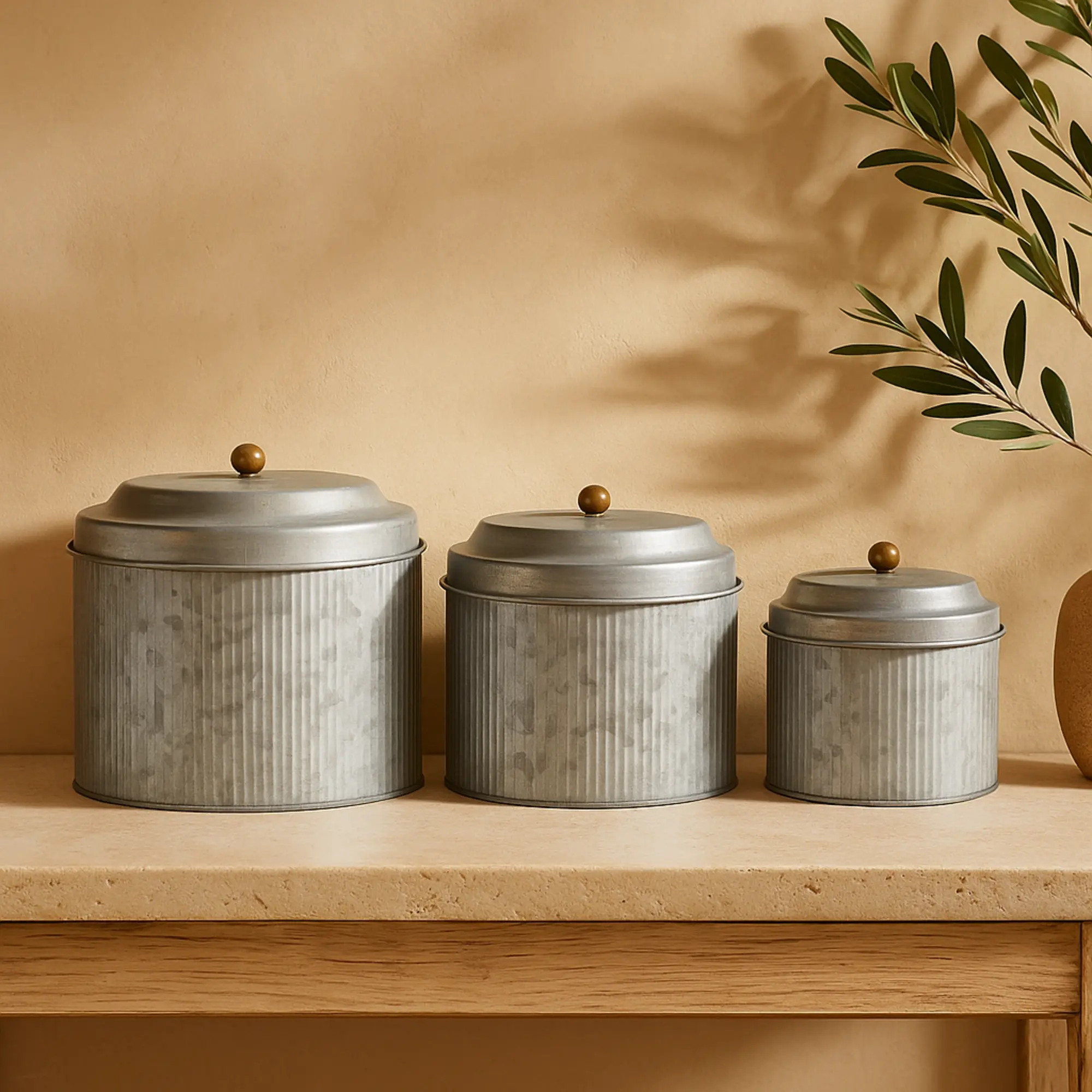 Set of 3 Silver Metal Galvanized Living Room Decorative Jars