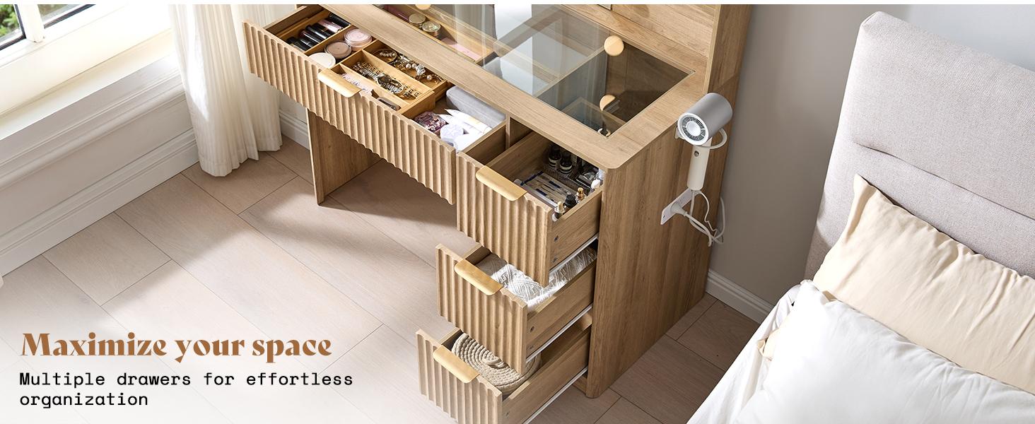 AMERLIFE 36.2/47.2" Fluted Vanity Desk with Mirror and Adjustable LED Lights, Large 4/7 Drawers Makeup Table with Glass Top and Charging Station for Women and Girls, Bedroom or Dorm/Best Gift Ideas/Christmas Gifts