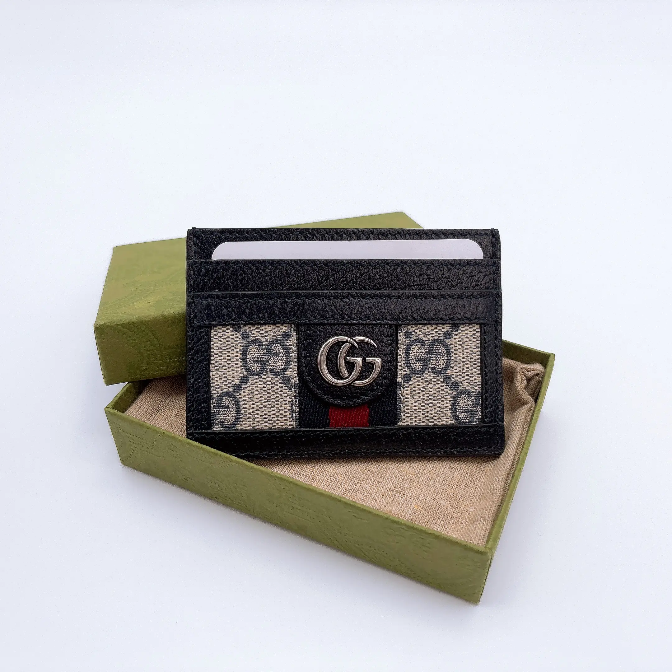 Pre-owned GUCCI GG Supreme Monogram Textured Dollar Calfskin Web Ophidia Card Holder Beige Blue