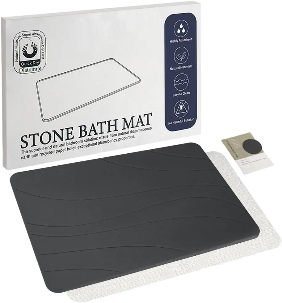 Stone Bath Mat, Quick Drying Bath Mat for, Diatomaceous Earth Mat, Quick Dry Shower Mat, Fast Absorbent, Elegant, Easy to - Black 23.6*15.35