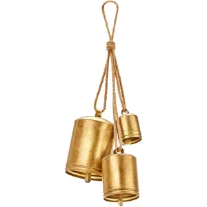 Christmas Bells for Decoration, Rustic Christmas Decor Vintage Style, Brass Shabby Chic Hanging Decorations Set of 3 (Brass)
