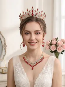 Elegant Baroque Rhinestone Crown Necklace Earrings Set, Wedding Bridal Party Queen Jewelry, Vintage Dress Accessories