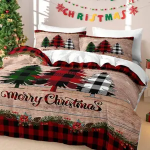 3-Piece Bedding Set Including Quilt and Pillowcases, Buffalo Plaid Design with Christmas Tree and Snowflake Pattern, Winter Decor
