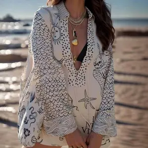 LikeMyChoice Summer Boho Nautical Print Satin Set V-Neck Tassel Long Sleeve Shirt & High Waist Shorts Coastal Chic Beach Cover-up Two-Piece Lounge Set for Women Lightweight Matching Suits