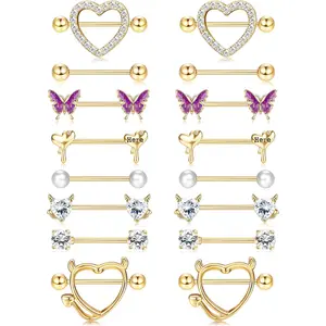 Sanfenly 8 Pairs 14G Nipple Rings Tongue Barbells Set Stainless Steel CZ Butterfly Devil Heart Straight Bar 16mm/5/8" Piercing Jewelry