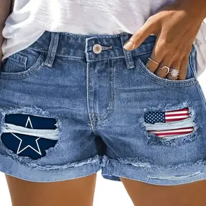 Mid-waist American-style summer denim shorts with classic print, versatile and comfortable women's denim shorts, Patch Denim Shorts Jeans