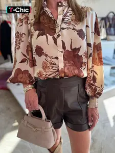 Hotapei Summer Elegant Floral Print Button Front Shirt, Poet Sleeve Blouse, Women's Fashion Casual Top, Stylish and Comfortable