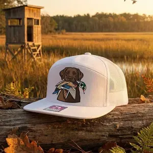 Duck Hunting Dog Trucker Hat, Labrador Retriever Mallard Duck Embroidered Cap, 7 Panel Mesh Back Hunting Snapback Hat, Outdoor Waterfowl Gift for Men Dad