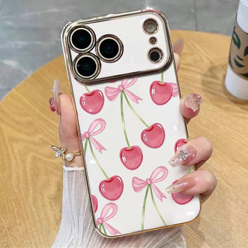 Juicy Pink Cherry Illustrations Phone Case Adding A Touch Of Fresh Romantic Charm To Your Daily Device Premium 6D Solid Color Electroplated With A Smooth Glossy Metal-Like Finish l For Iphone 17 16 15 14 13 12 11