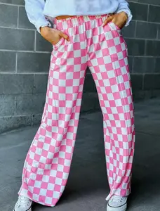 Vhein Women's Pink Plaid Print Pocket Elastic Waist Straight Leg Pants Casual Comfy Trousers for Daily Wear Loose Fit All Seasons