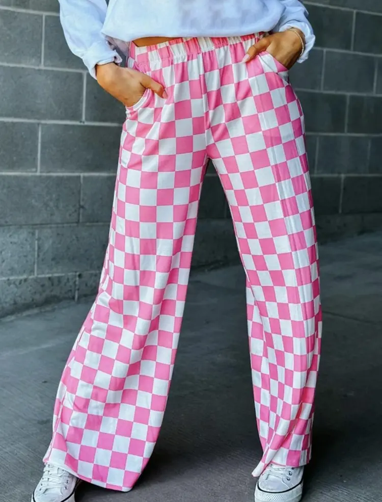 Vhein Women's Casual Pink Plaid Knit Pants with a Loose Straight-Leg Fit, Elastic Waistband, and Pockets, Print, Bottom