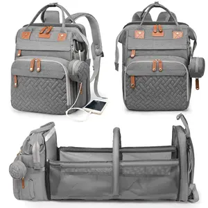 Gray Large Capacity Diaper Backpack with Changing Table USB Charging Port Waterproof for Moms Dads Great Baby Gift