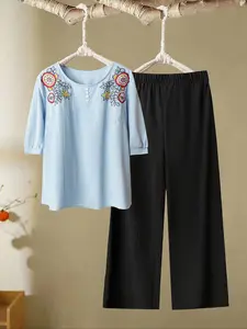 Women's Plus Size Ethnic Style Loose Fit Embroidered Shirt & Long Pants Set, Casual Vintage Boho, Comfortable Two-Piece Ensemble