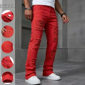 Men’s Red Distressed Flared Pants, Ripped Stacked Trousers for Street Style