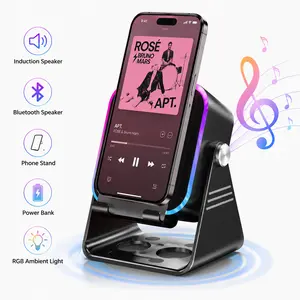Compact Portable Wireless Bluetooth Induction Speaker, Desktop Phone Mount with Dynamic Colorful Lights, Wired Microphone Wire, Wide Compatibility Speaker Amplifier for iPhone Android Samsung iPad Black decor room holder tablet