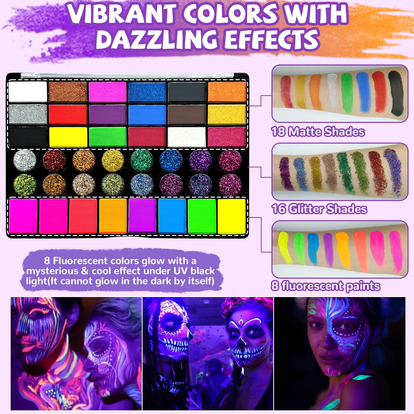 Professional Face Painting Kit for Kids 42 Color Water Activated Makeup with Stencils Gems Brushes for Halloween Parties Carnival School Event Festivals Non-Toxic Gentle Formula Coverage