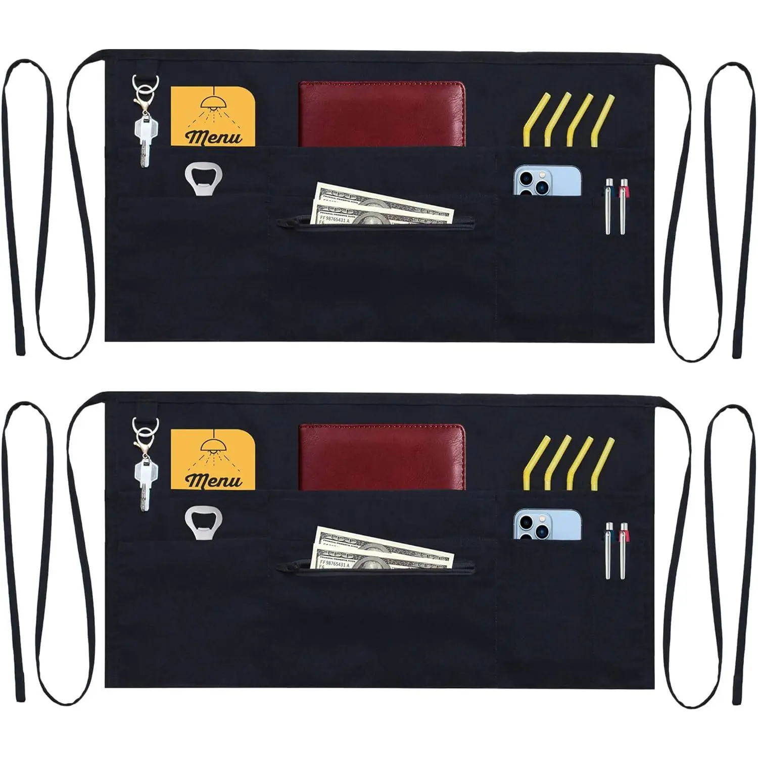 7 Pockets Server Aprons with Zipper Pocket (2 Pack) - Aprons for Women Men - Waiter Waitress  Half Apron 24x12