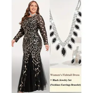 Plus Size Tulle Fishtail Gown with Embroidered Sheer Mesh Sleeves + Black Necklace Set (Including Necklace Earrings Bracelet) Ideal for Proms Parties Special Celebration Womenswear Formal