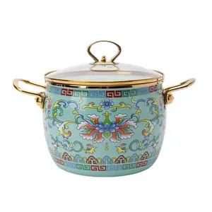 Chinese Style Enamel Stew Pot, Flower Pattern Stockpot with Lid & Handle, Kitchen Cookware for Home Use, Kitchen Accessories