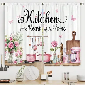 2 Panel 28"X40" Pink Rose Eucaltptus Kitchen Curtains Short Small Kitchenware Spring Butterfly Rod Pocket Funny Quotes Plants Botanical Bedroom Living Room, Home Decor, Farmhouse Home Decor