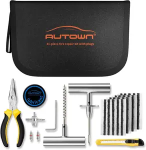 AUTOWN Tire Repair Kit with Plugs 31 Pcs for Car, Motorcycle, ATV, Jeep, Truck, Tractor Flat Tire Puncture Repair Kit Automotive Vehicle Tool Tire Inflator Tool Tire Patch