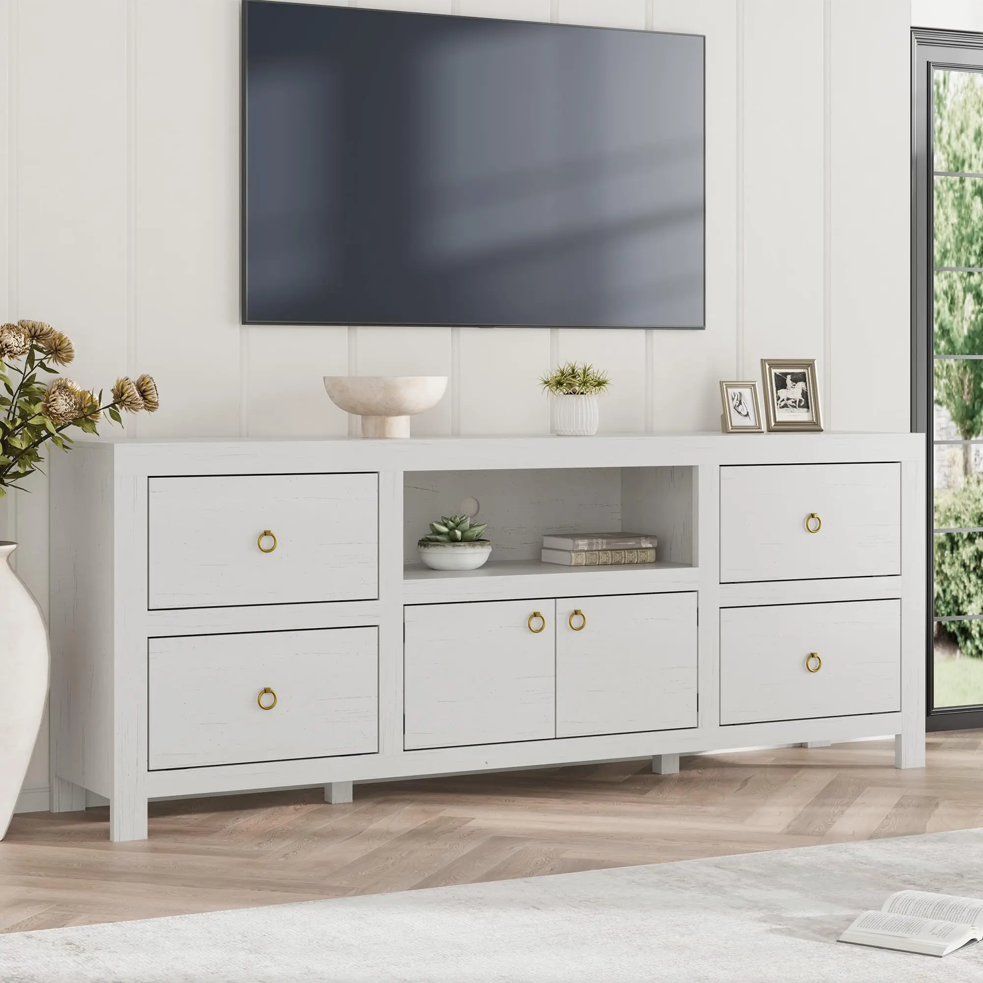 Farmhouse TV Stand for 75/80 Inch TVs, 70" Long Entertainment Center with 6 Storage Drawers & Soundbar Shelf, White Television Consoles Stands for Living Room, Bedroom