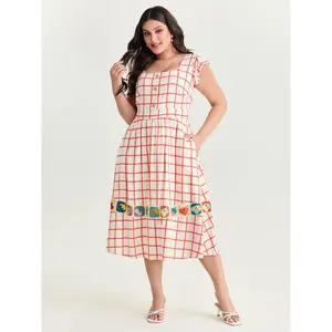 BLOOMCHIC Women's Plus Size Plaid Print Patchwork Crochet Floral Pocket Rayon Garment - Casual Wear Lady Dress with Sleeve, Smooth Fit, M-6X, 2026 Summer Vibes Swimweek Spotlight Deals