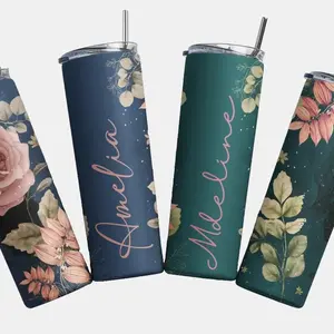 Personalized Floral Tumbler with Name and Straw - Stainless Steel Cup for Bridesmaid Gift, Wedding, and Birthday - Reusable, Washable