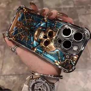 Male Personality Skull Pattern Gold Machinery Suitable for iPhone 17 pro max iPhone 16/15/14/13/12/11 Pro Max Plus electroplated anti drop soft case phone case 017 Screen Protector Protection Cover Smartphone Cellphone Casing Protective Shockproof