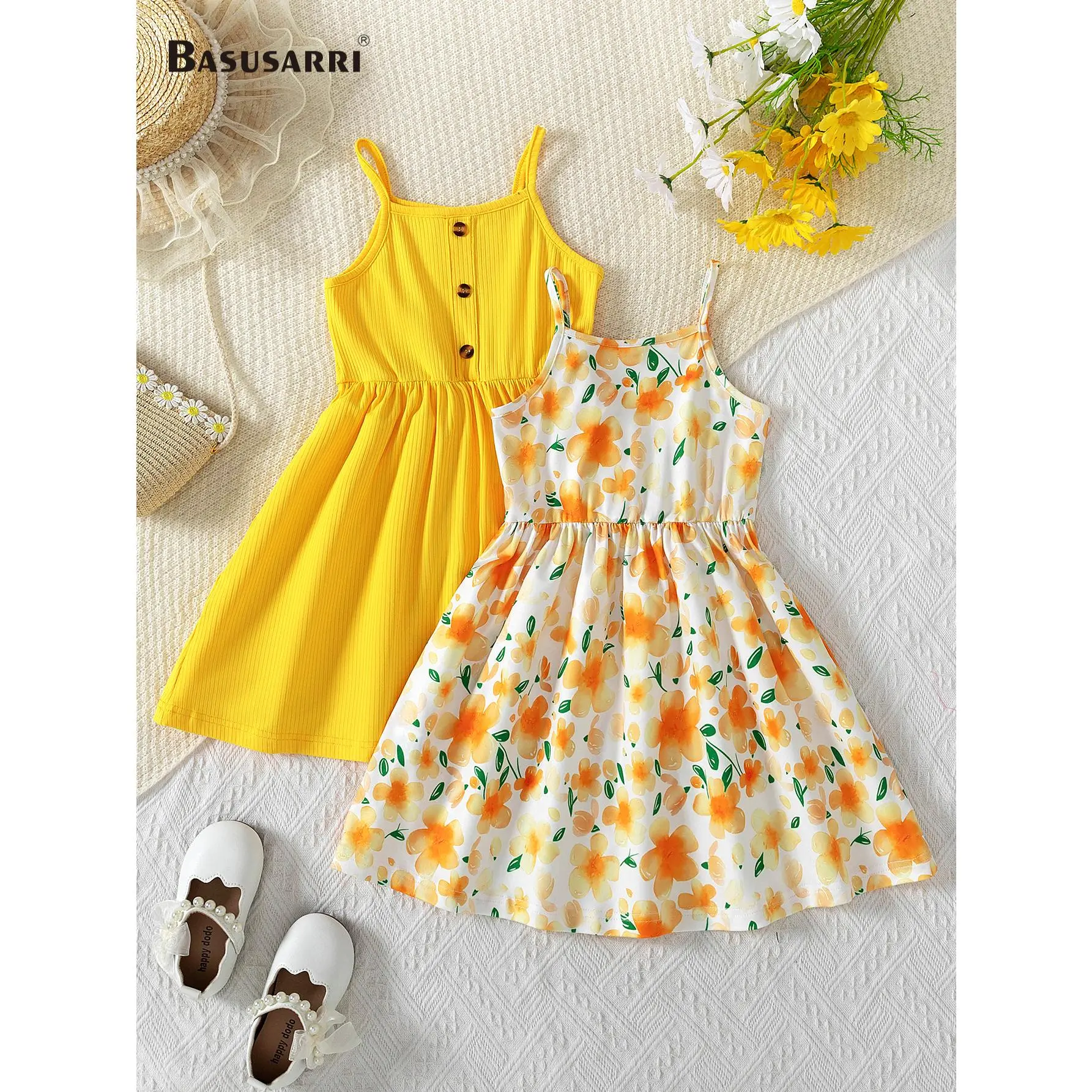 Cutest Duo Alert! Girls' 2-Piece Dress Set: Trendy Yellow Ruffle-Strap Ribbed Dress with Buttons Cutest Duo Alert! Girls' 2-Piece Dress Set: Trendy Yellow Ruffle-Strap Ribbed Dress with Buttons